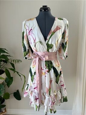 Floral V-Neck Mini Dress with Pink Sash